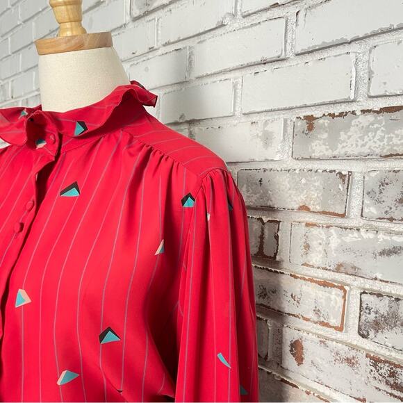 Vintage Red Teal Geometric Print Ruffle Sheer Long Sleeve Gathered Shoulder Top - Picture 7 of 11